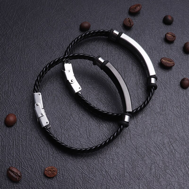 Punk Men Jewelry Black Braided Leather Bracelet Black/Silver Color Stainless Steel Charm Buckle Bangles Women