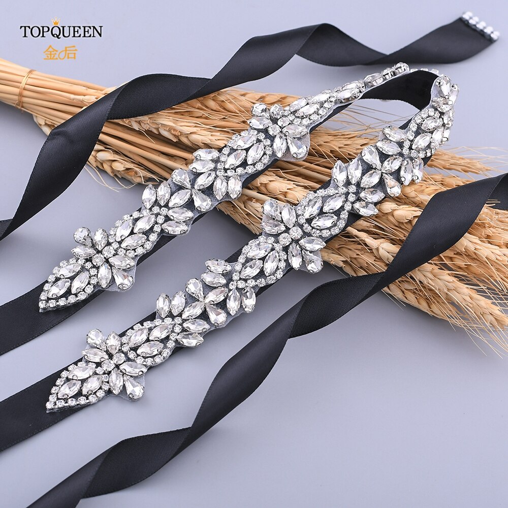 TOPQUEEN S429 Silber Strass Gürtel für Braut Ehe Braut Schärpe Elfenbein Strass Applikationen Formale Kleider Kleider mit einem Gürtel