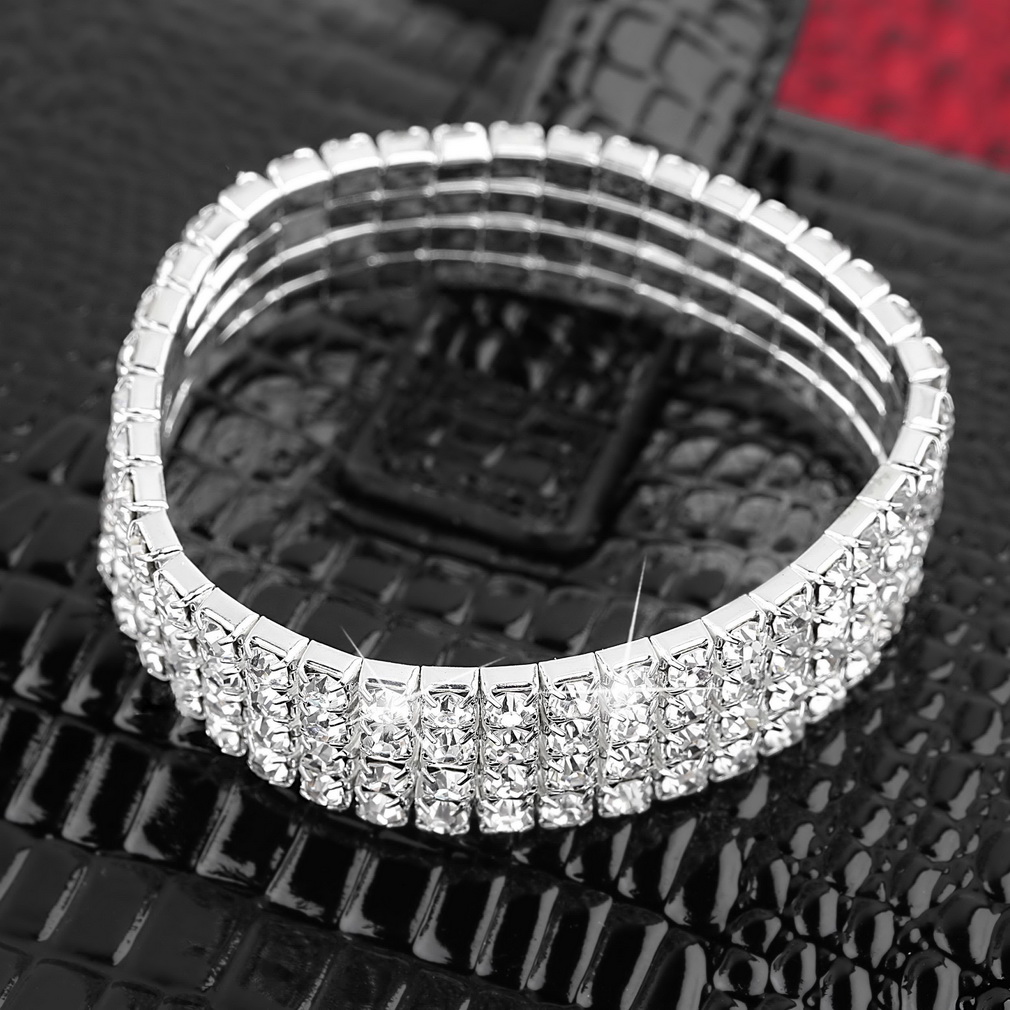 4 Row Stretch Clear Rhinestone Crystal Bridal Bracelets Bangles Wedding Party Jewelry Accessories for Women