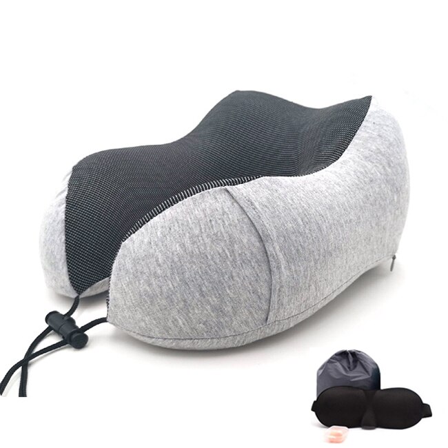 Travel Pillow Memory Foam Neck and Cervical Pillow for Airplane Car Office Napping Pillows U Shape Flight Head Chin Support Cush: Gray Set