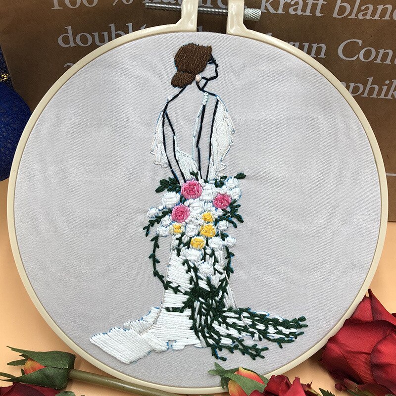 Kit de bordado de ramo de niña moderna, bordado artesanal, patrón de planta de casa, punto de cruz para principiantes (con ARO): G