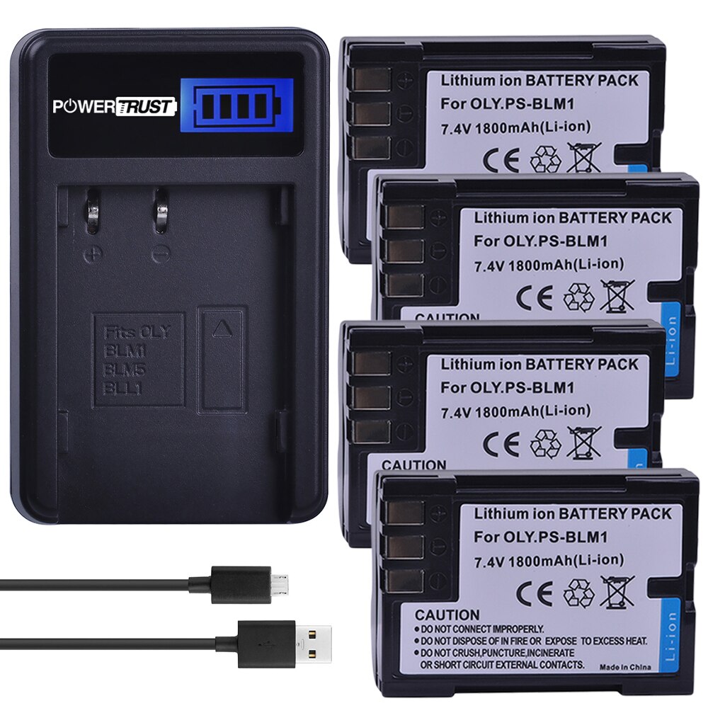 PowerTrust 2Pcs PS-BLM1 BLM1 BLM-1 Battery for Olympus C-5060, C-7070, C-8080, E-1, E-3, E-30, E-520, EVOLT E-300, E-330, E-500,: 4Battery 1Charger