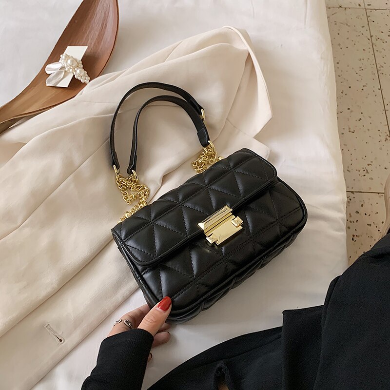 Treillis carré sac à bandoulière en cuir PU femmes concepteur sac à main chaîne épaule sac de messager: Black