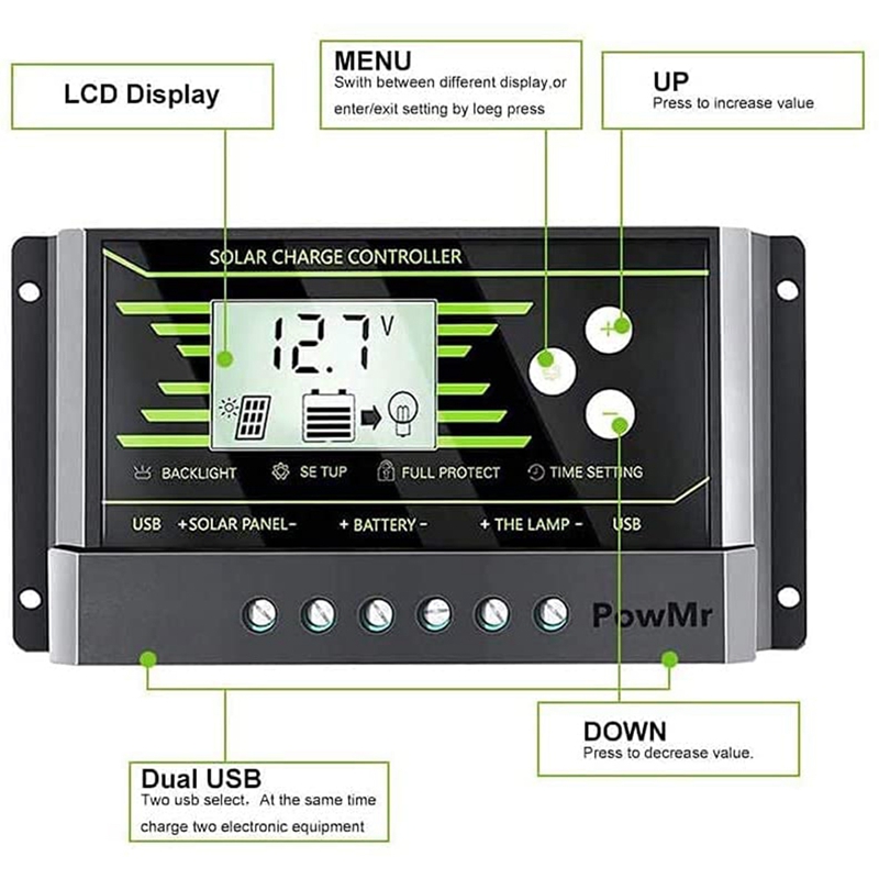 Solar Laadregelaar 12V 24V Solar Controller Met Usb Aansluiting Lcd Backlight Geschikt Voor Motorhomes