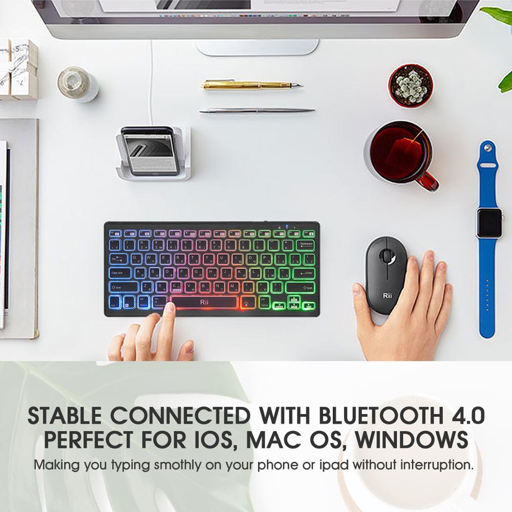 Rii Bluetooth 4.0 Wireless Multiple Color Rainbow LED Backlit Keyboard With Rechargeable Battery For iOS Android and MacBook