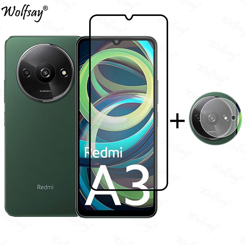 Pegamento de cubierta completa de vidrio templado para Xiaomi Redmi A3, Protector de pantalla para Redmi A3 A 3, cristal de cámara para Redmi A3, vidrio de 6,71 pulgadas: Rosa claro