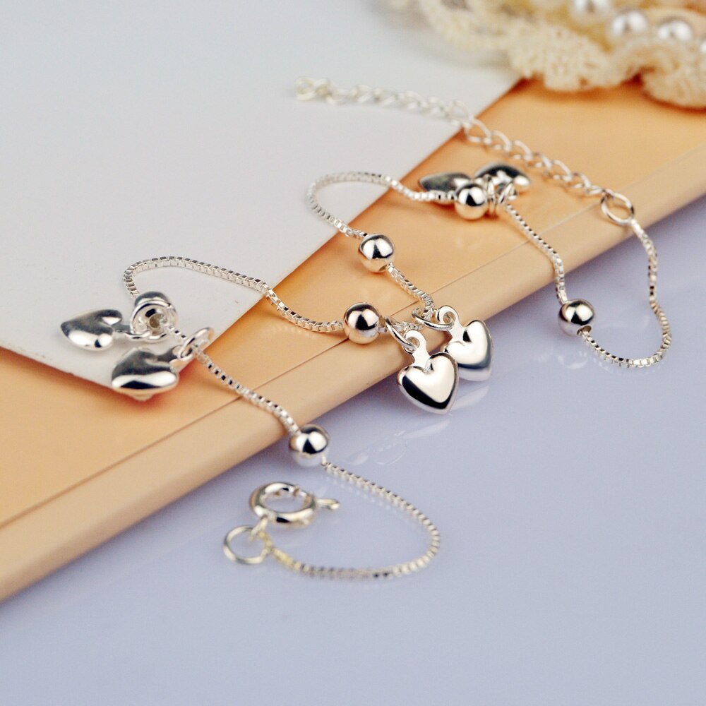 925 Sterling Silver Female Anklet Simple Heart-Shaped Pendant Ankle Bracelet Silver Chain Summer Popular Beach Jewelry