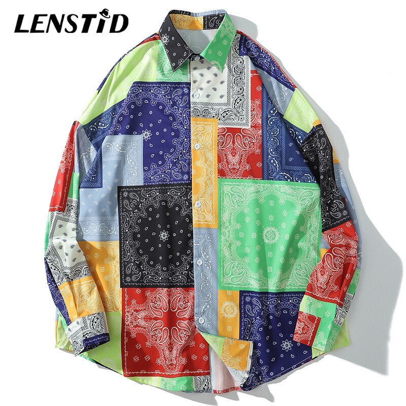 LENSTID Mens Hip Hop Hawaiian Beach Shirt Bandana Color Block Print Harajuku Streetwear Autumn Long Sleeve Oversize Shirts