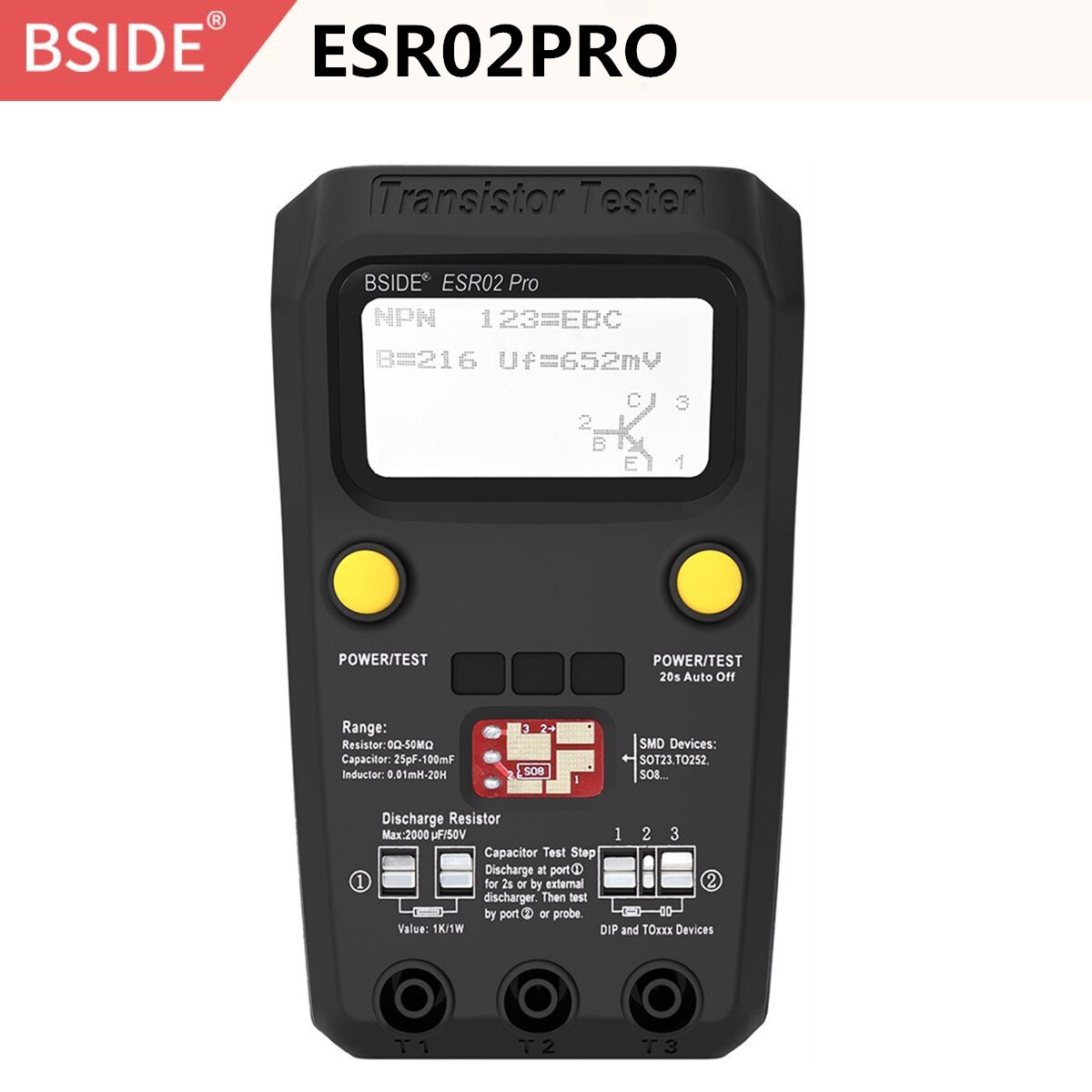 BSIDE ESR02PRO Digital Transistor SMD Components Test Multimeter Capacitance Diode Triode Inductance Multimeter Tester: ESR02PRO-BLACK