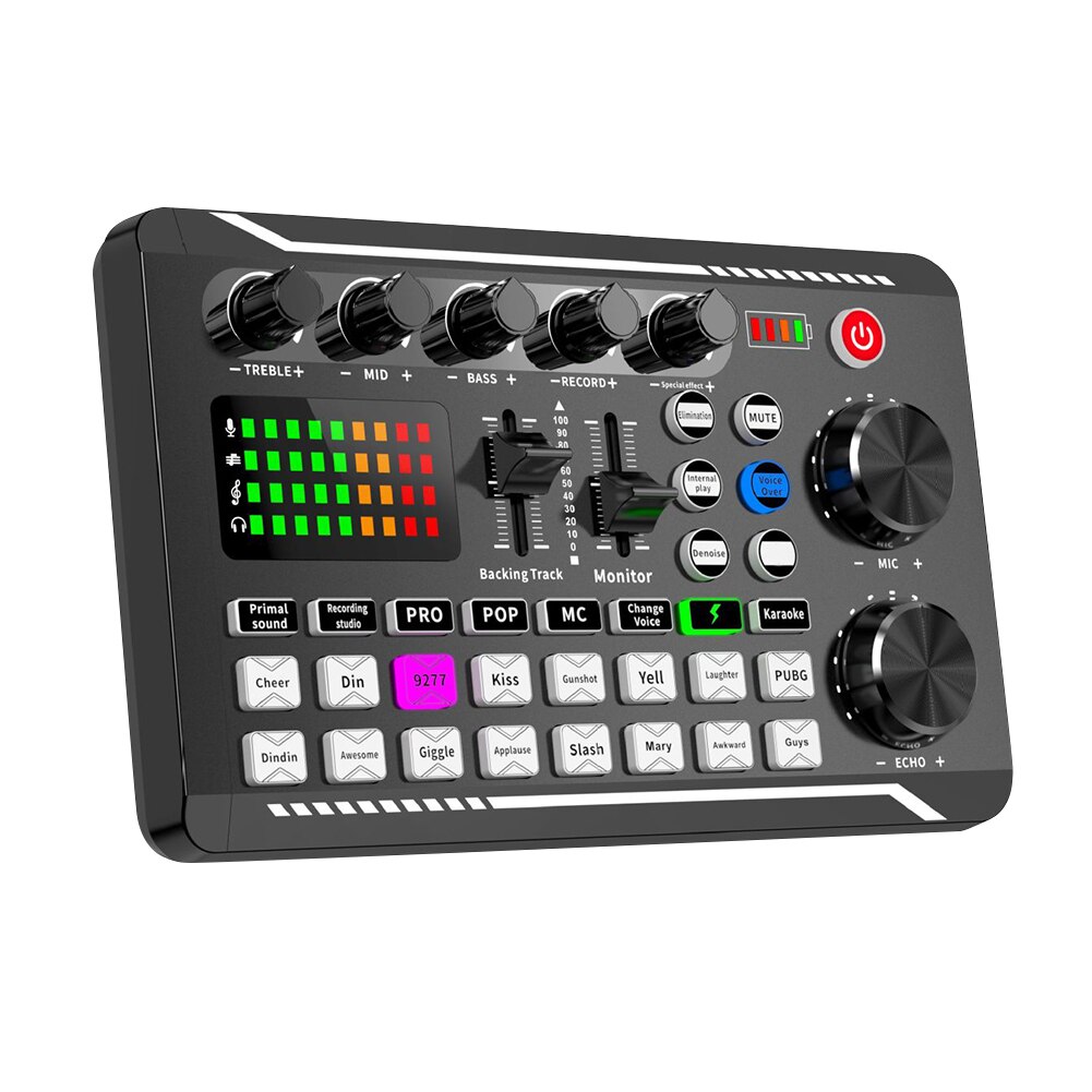 F998 Professionele audio-mixer, live geluidskaart en audio-interface met DJ-mixereffecten en voice changer met led-lamp, DJ-mengpaneel, voor live streaming, pc, opnamestudio en gaming