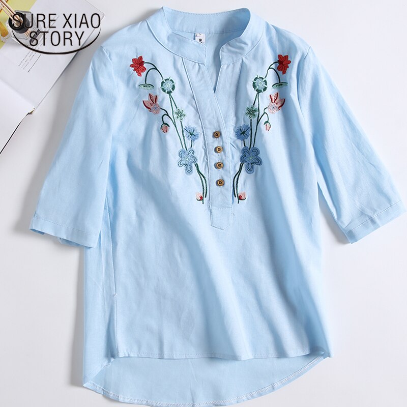 Korte Mouw Blouses Zomer Geborduurde Shirts Vrouwen Kleding V-hals Mode Bloemen Vrouwen Tops Slanke Shirts 0537 40