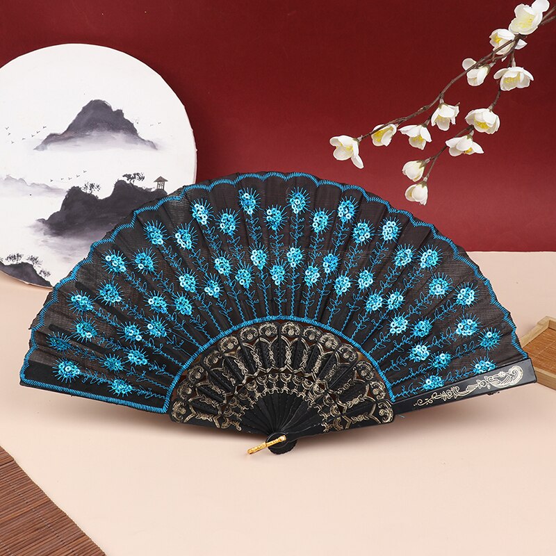Zijde Fan Vouwen Fan Wedding Art Pauw Sequin Dansen Fan Hand Held Fan Woondecoratie: marine