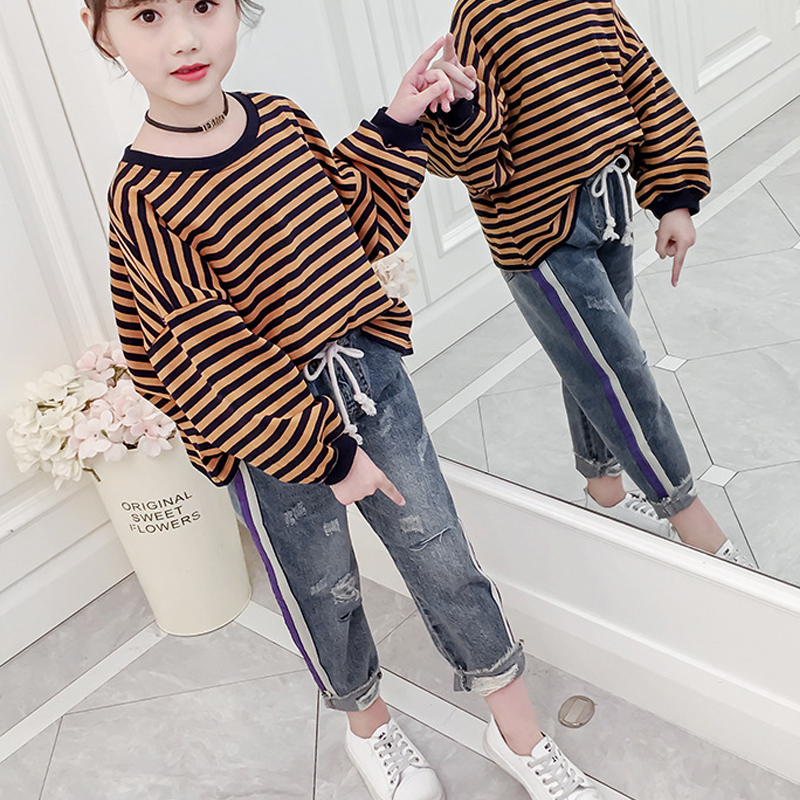 Jeans til piger børn forår efterår lilla stribede børn iført piger 4-12 år gamle piger jeans afslappede bukser jeans til piger