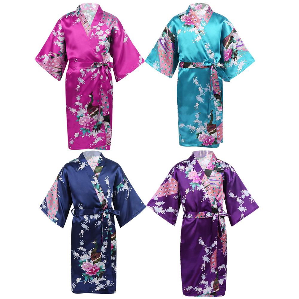 Blomma&påfågel kimono badrock barn flickor siden satin mjuk sovkläder sexig mini brud brudtärna bröllopsrock morgonrock