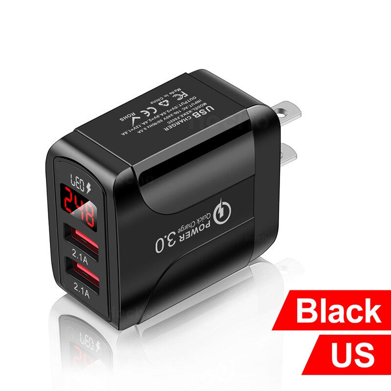 Cargador USB de 18W para móvil, dispositivo de carga rápida con pantalla LED QC 3,0 de 2.4A, doble USB, para iPhone, Samsung, Xiaomi, Huawei: Black US