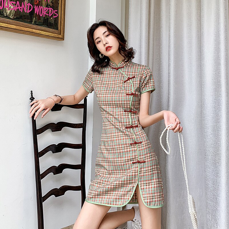 Plaid chinesische kleider Classi Baumwolle Qipao Täglichen Kleid Orientalischen Stil Cheongsam Moderne