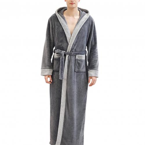 Men Autumn Winter Flannel Long Sleeve Maxi Bathrobe Pockets Hooded Sleepwear: Dark Gray / M