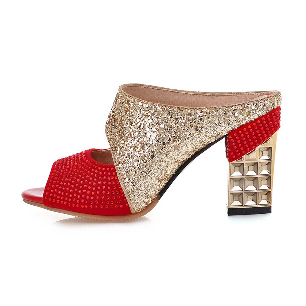 Meotina damesko sommertøffel glitter pigg høye hæler sko sexy krystall peep toe slides dame sandaler rød stor størrelse 34-43