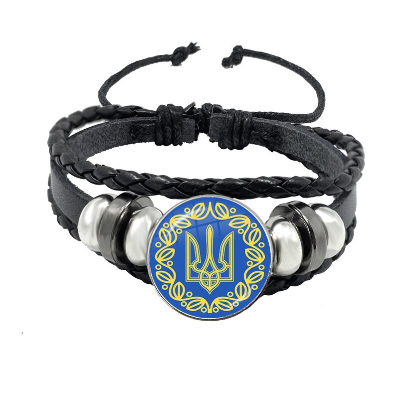 Tryzub ukraina przycisk skórzana bransoletka ukraińska runa Vintage wzory 20mm szkło Cabochon biżuteria dla kobiet mężczyzn klasyczny prezent: Brązowo żółty