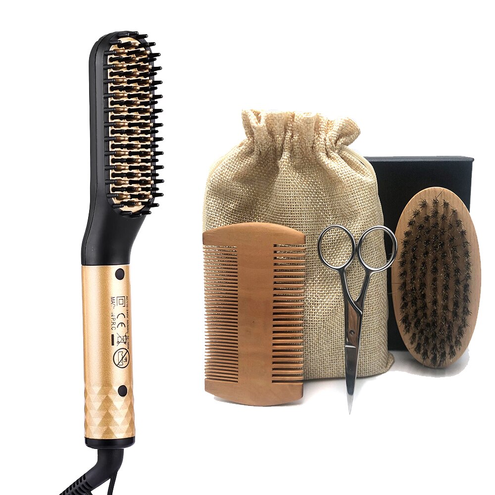 Peine para mujer, cepillo alisador de barba con bolsa de , juego de peines para el pelo, herramientas de peinado multifuncionales de calentamiento rápido: Gold Set / EU