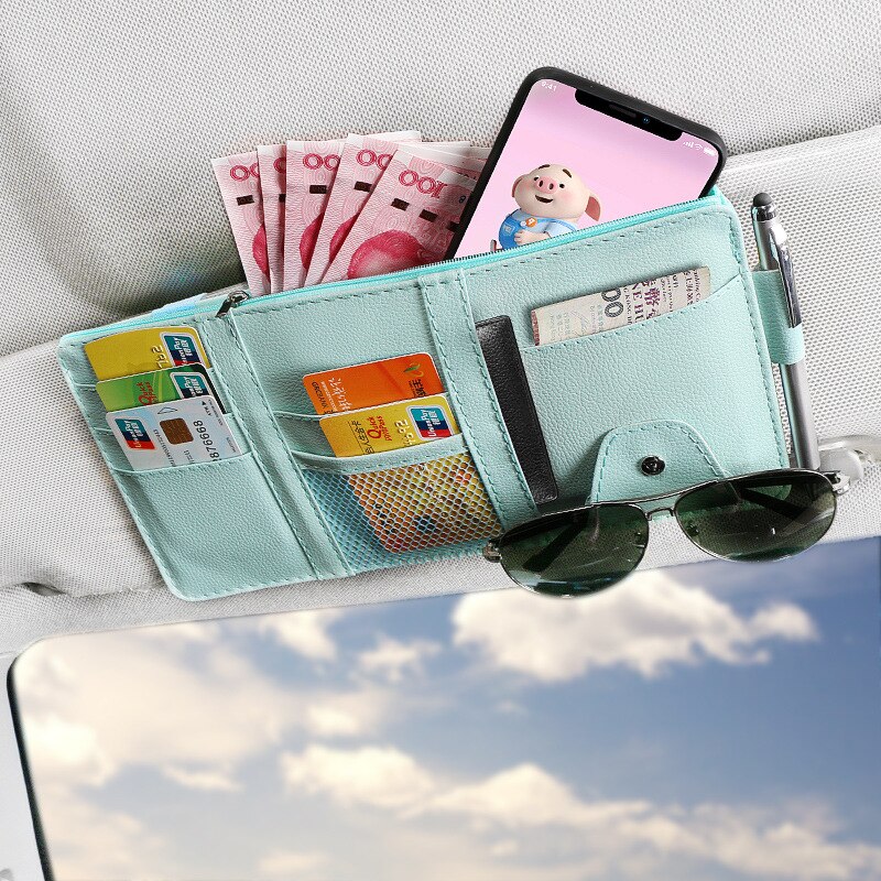 IKSNAIL-Soporte Organizador Universal para visera de coche, Funda de cuero PU para gafas de tarjeta, accesorios para coche, visera organizadora, estilismo para coche: Blue Green