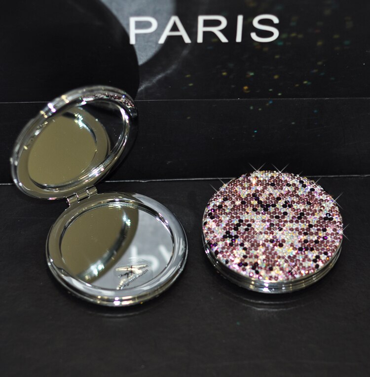 Strass incrustés créatifs petit rabat de miroir de vanité rond pliant Mini miroir de poche de Kawaii miroirs de maquillage: Purple / Double side bling