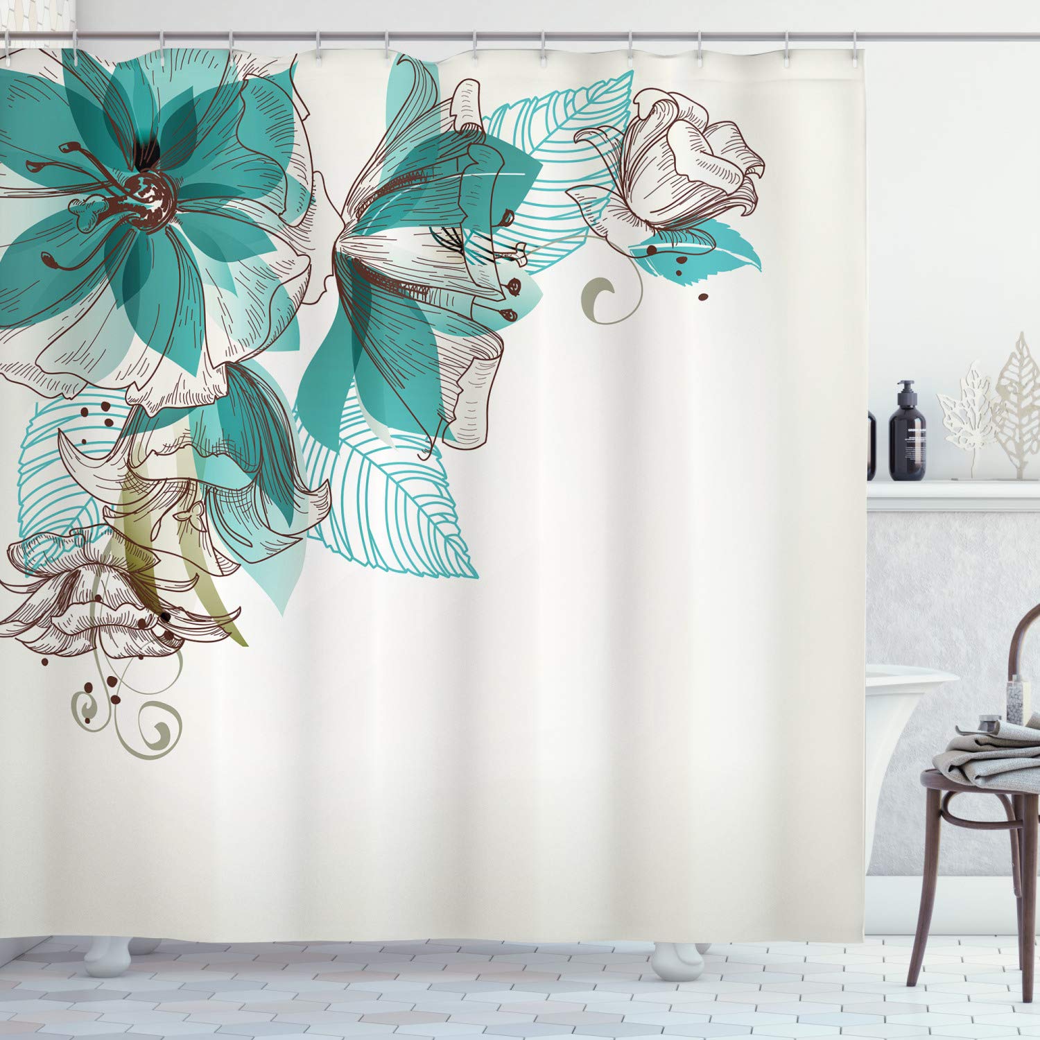 Cortinas con flores turquesas para ducha, hojas de brotes en la esquina superior izquierda, temporada de celebración, conjunto de decoración para el baño