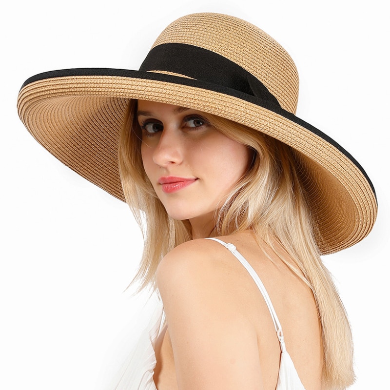 HT3085 Strand Hoed Grote Grote Brede Rand Hoed Dames Strand Cap Mode Stro Hoed Elegante Zwarte Strik Vrouwen zomer Zonnehoed