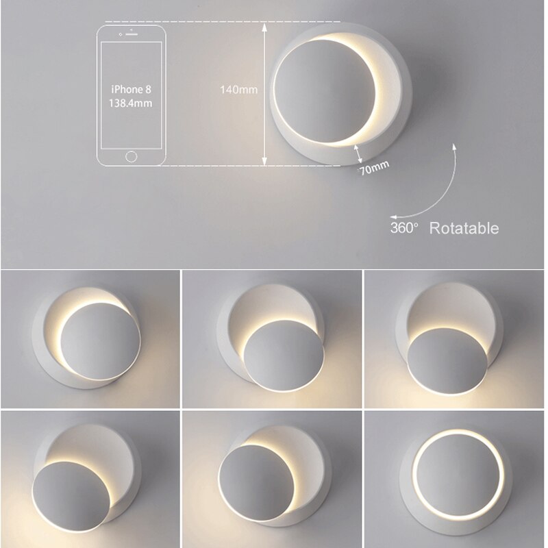Led væglampe 360 graders rotation justerbar sengelampe hvid og sort væglampe sort moderne midtergang rund lampe