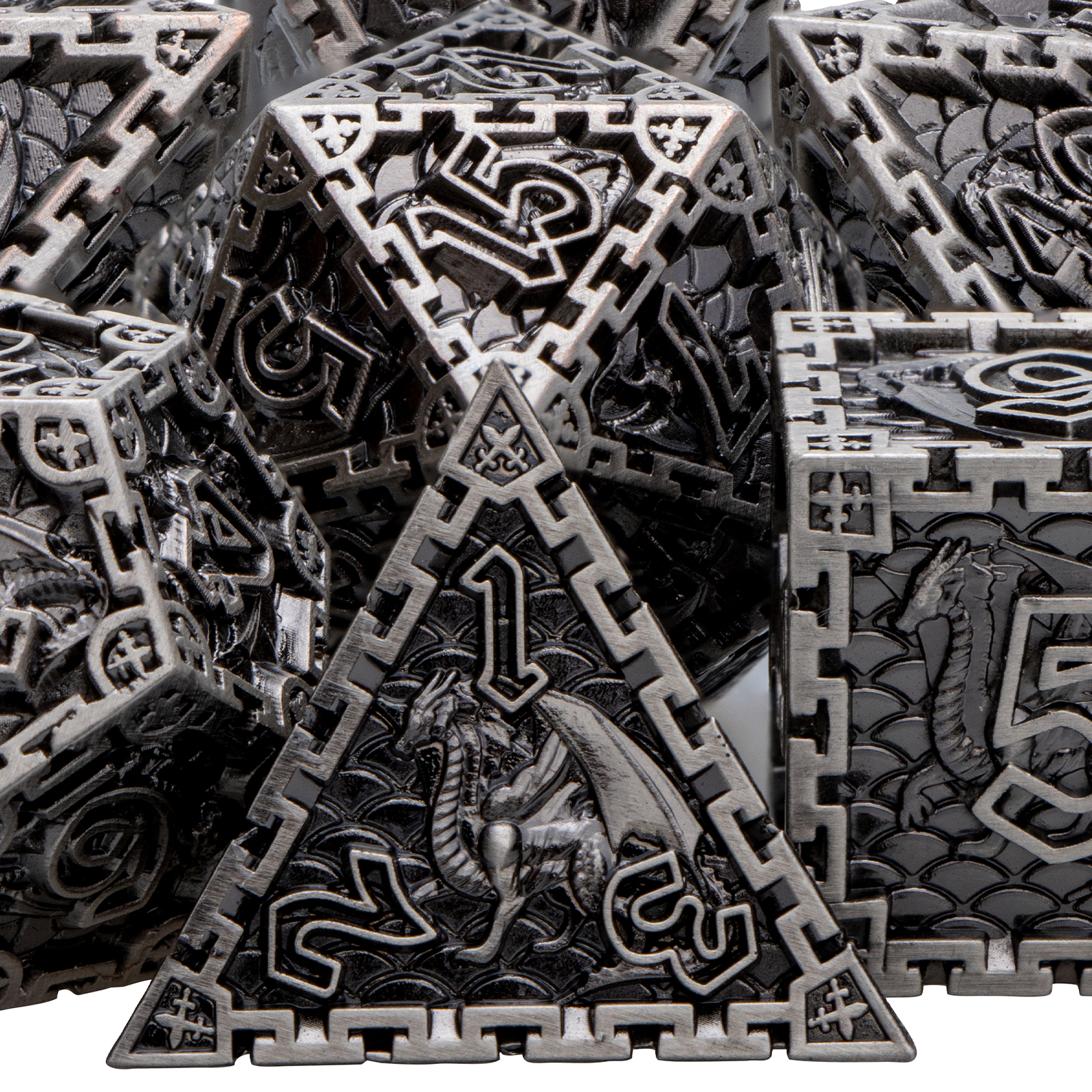 Metal Polyhedral DND Dice Set Dungeon and Dragon D&amp;D Dice for MTG Pathfinder RPG Roll Playing Game D20 D12 D10 D8 D6 D4: Silver Black Numbers