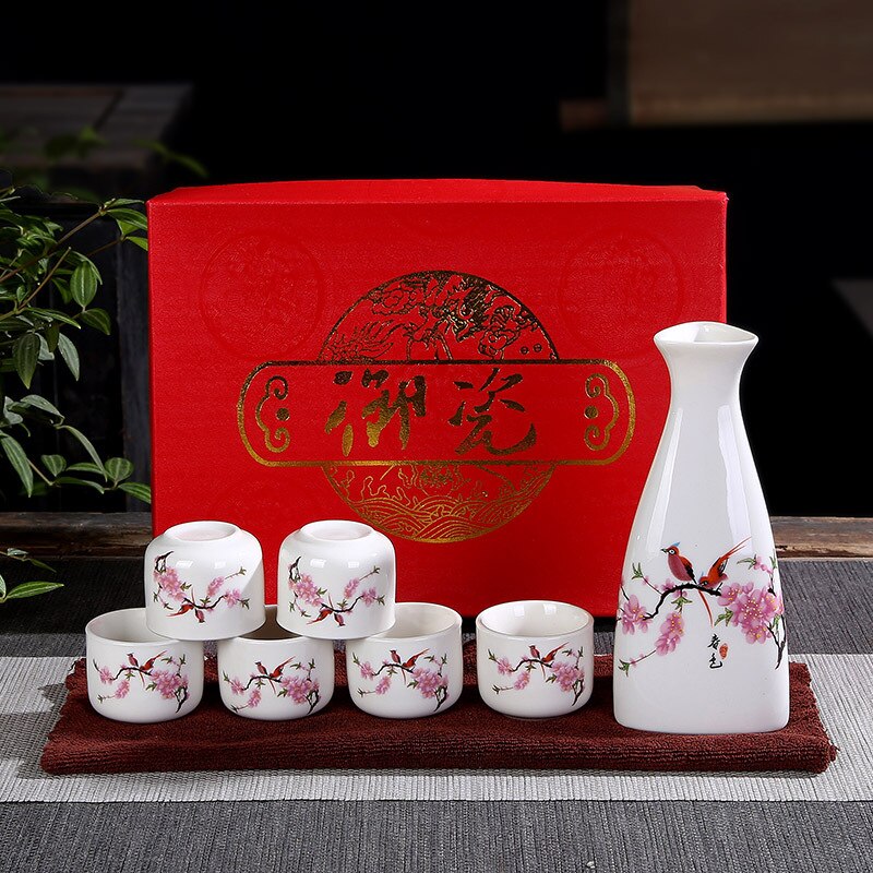 1 Hip Flask 6 Wine Glasses Chinese Traditional Ceramic Tea Wine Set Eco-Friendly Ceramic China (Bar Sets: taohua