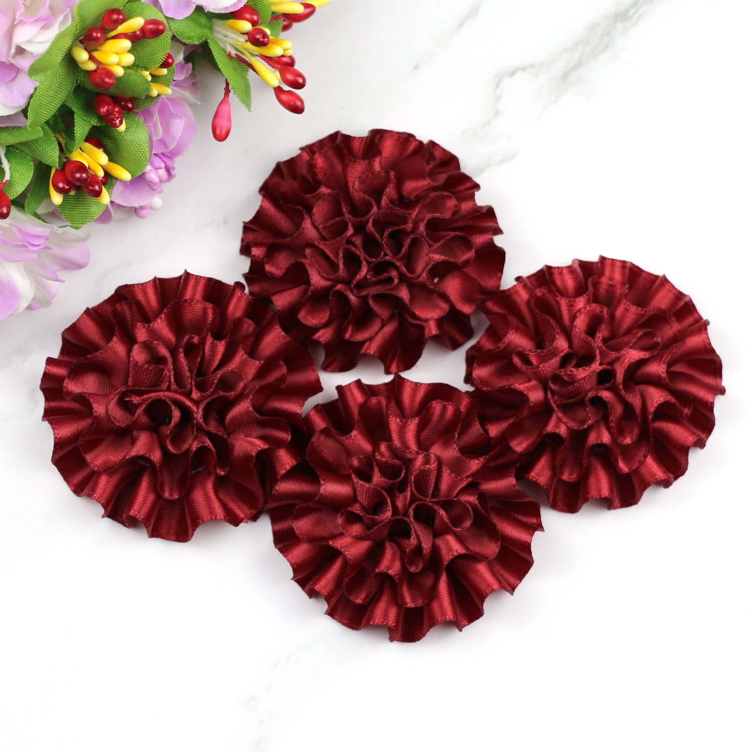 12PCS Burgundy DIY Flower Headbands Decorative Wedding Flowers Handmade Ribbon Flowers Women Satin Fabric Flower Appliques