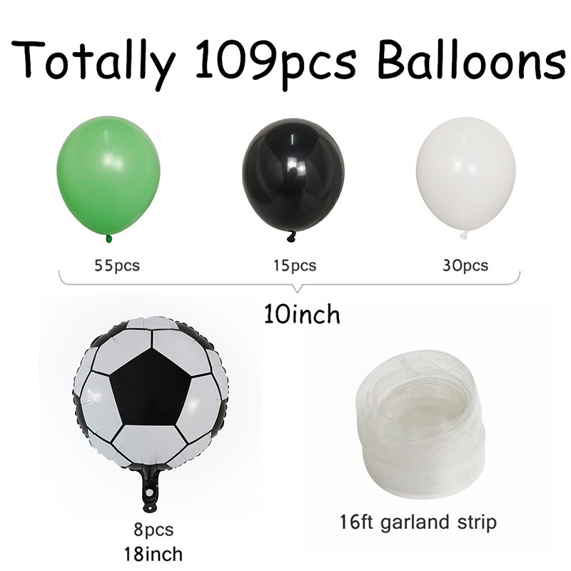 109 stk / sæt 18 tommer fodboldfest ballon krans kit sort grøn hvid latex ballon med 16ft strimler til fodbold fest dekoration