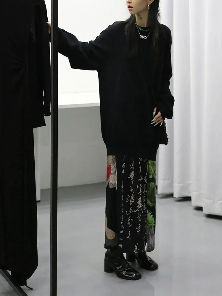 Faldas con estampado negro Tie Dye de estilo japonés para Mujer, Falda larga dividida acampanada, ropa de calle Harajuku, Faldas góticas para Mujer Y2k Saia Fairycore