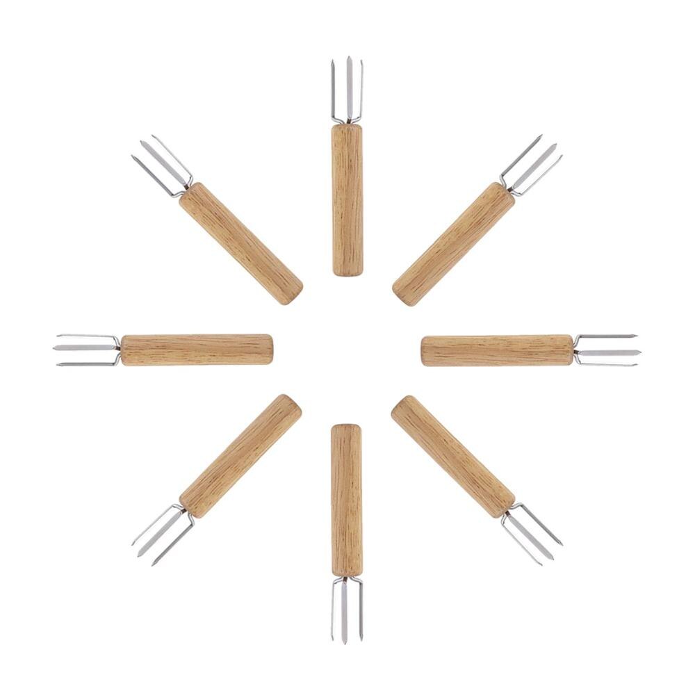 8PCS Corn Holder BBQ Stainless Steel with Oak Handle Corn on The Cob Skewers for Kids and Adults Home Cooking Barbecue