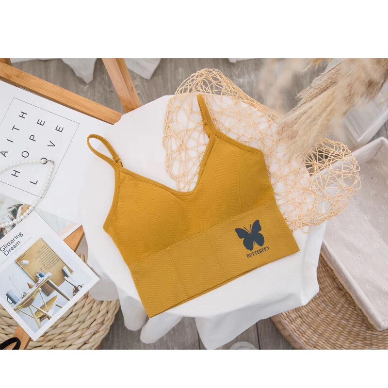 Women Tank Crop Top Seamless Underwear Crop Top Female U Back Short Tops Women Sexy Strap Silk Smooth Plunge Bralette: YELLOW