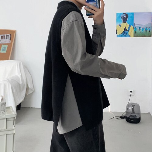 Sweater vest herre sort side-slids strikke ins trendy løs oversize herre solid outwear sweaters harajuku vintage bf: S