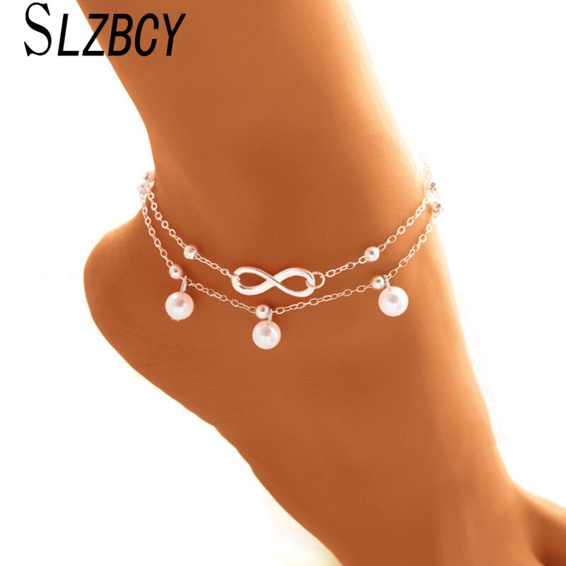 Infinite Love Pearl Anklet Girl Women Summer Beach Gold Silver Color Stainless Steel Anklets Bracelet Jewelry