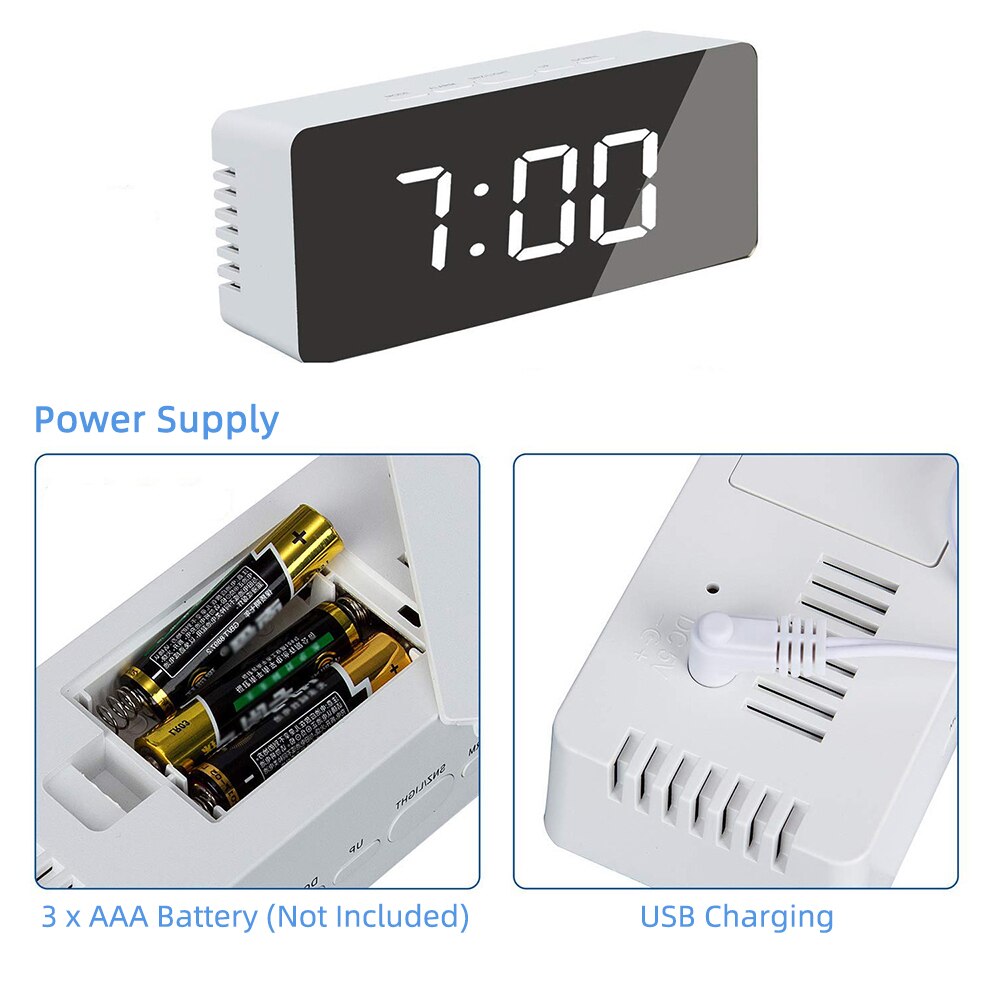Digital Mirror LED Display Alarm Clock Temperature Calendar USB/AAA Powered Electronic Multifunction Snooze Desk Clock