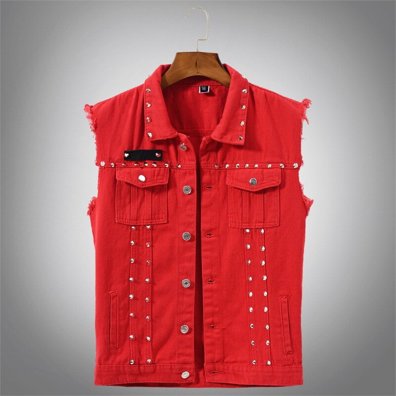 Mænd rød punk rock nitte cowboy denim veste mandlige afslappet ærmeløs motorcykel stil jeans jakker plus størrelse: Xxxl