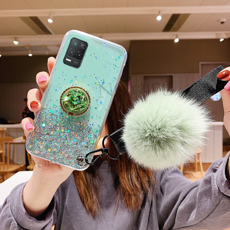 Handphone case for Realme Narzo 30 5G Min soft tpu Luxury Rhinestone Ring Holder Hariball With strap