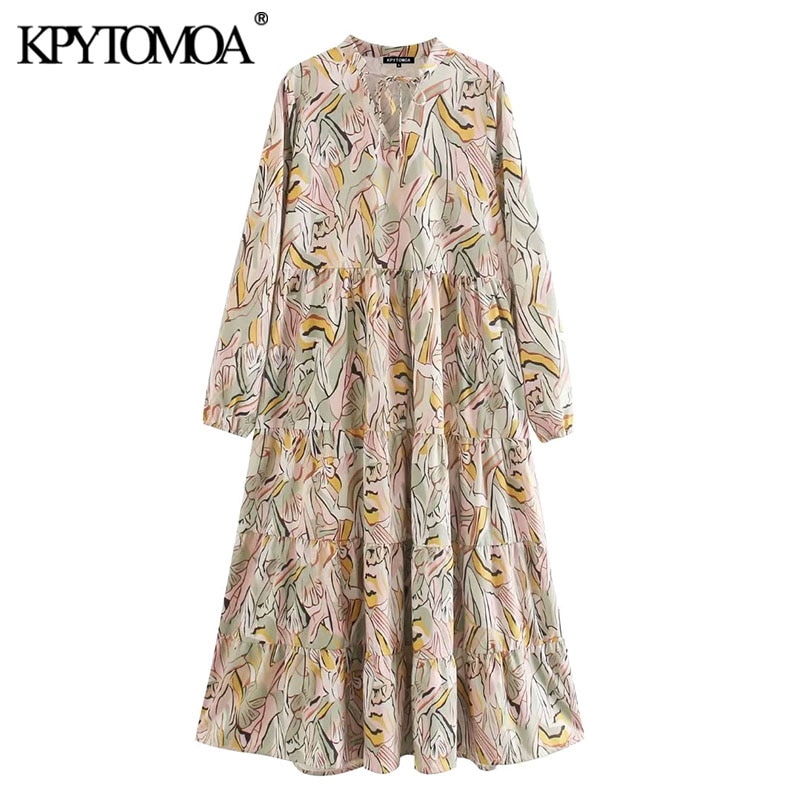 Kpytomoa dames chique geprinte geplooide midi-jurk vintage geknoopte hals lange mouwen damesjurken vestidos mujer