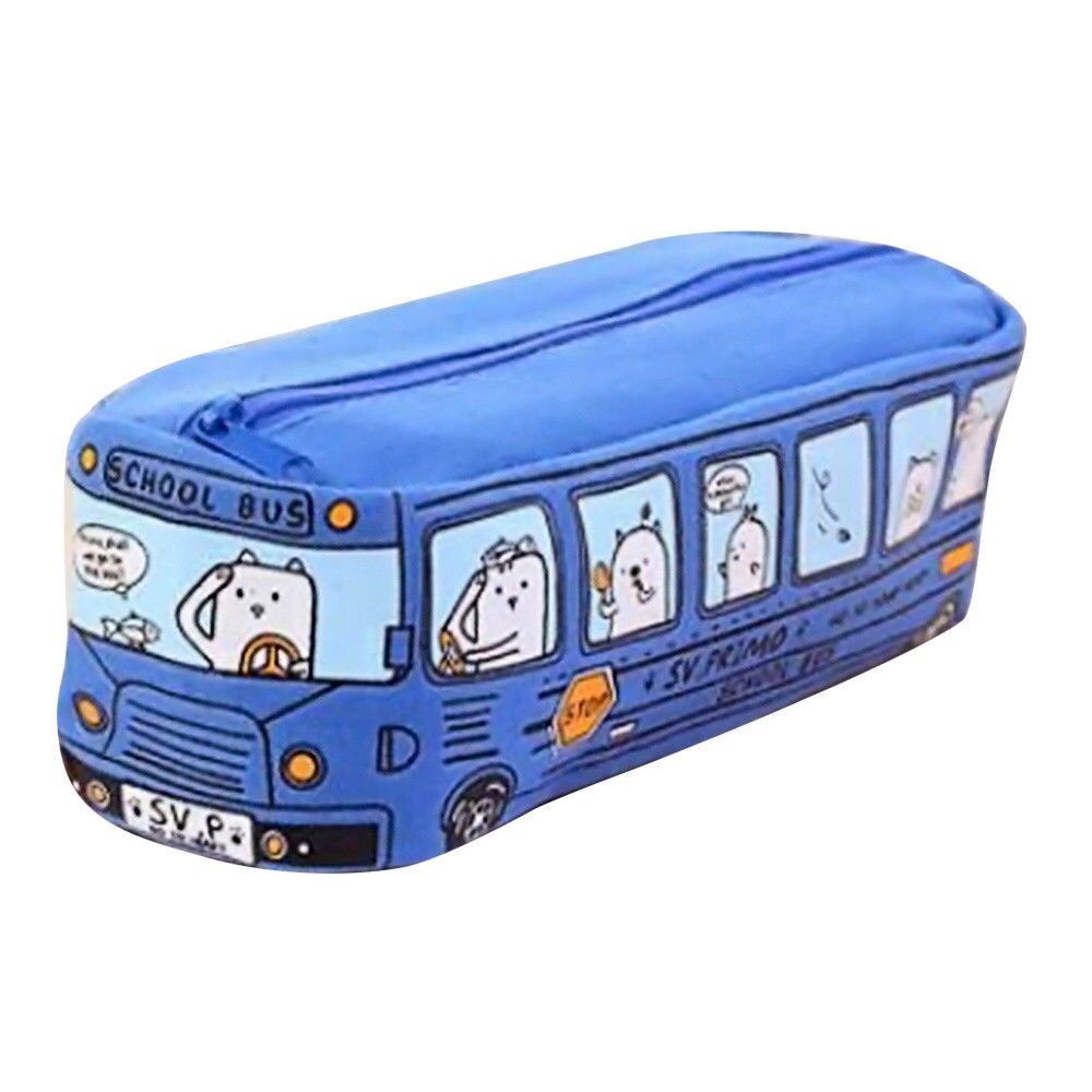 Canvas Pencil Case Popular School Bus Zipper Pencil Box Stationery Organizer School Supplies Durable Pen Bag For Kids: Blue