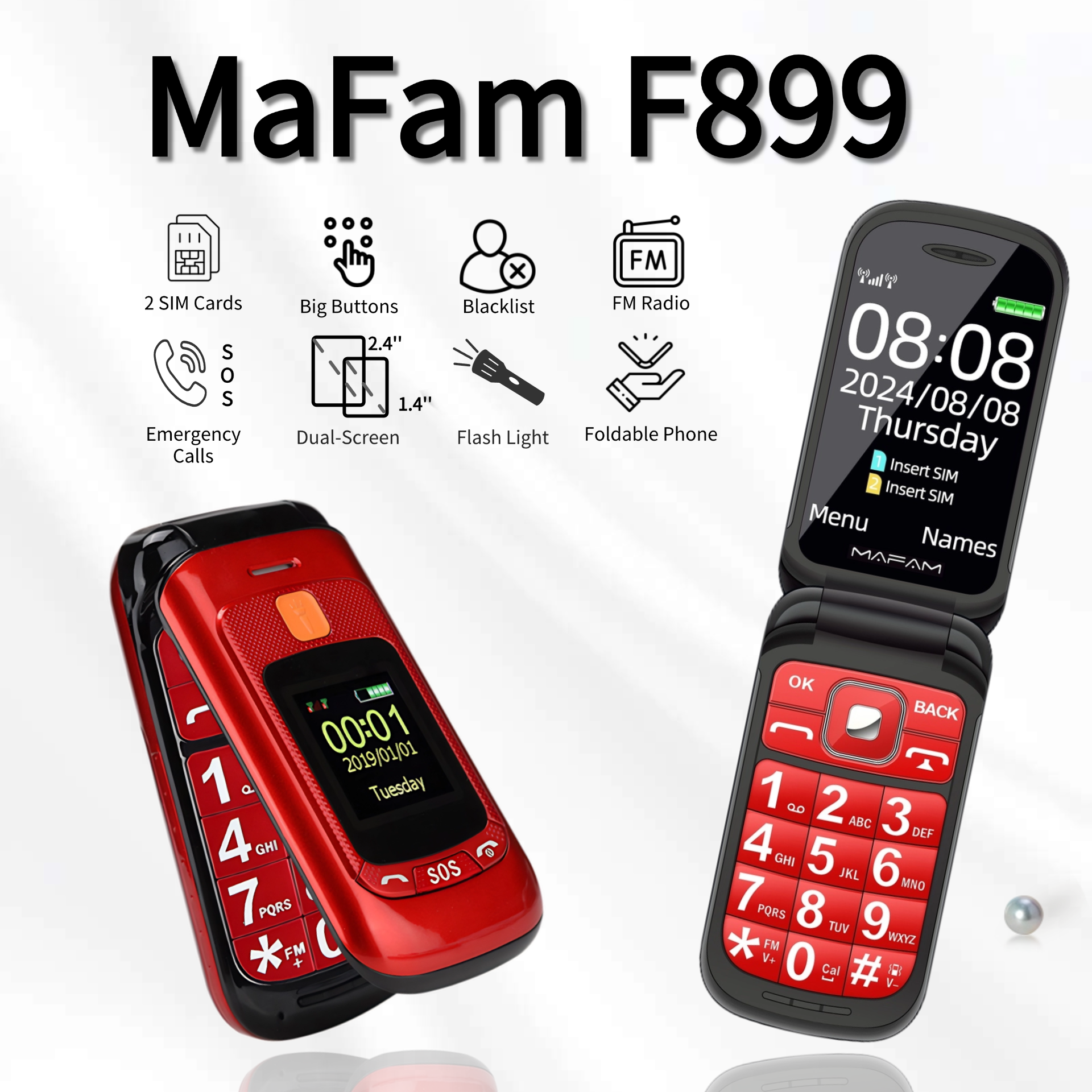 Telefono cellulare anziano Flip con doppio Schermo per anziani dovuto schede SIM Pulsante grande Quadrante di velocità Torcia Radio FM Pulsante Chiamata sos