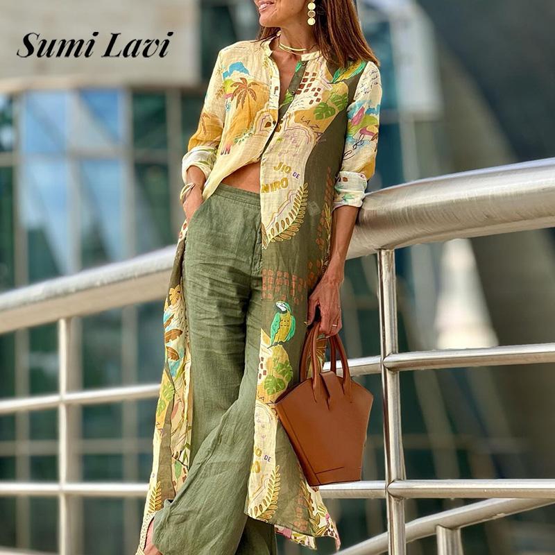 Mønstret print cardigan toppe sommer afslappet langærmet bluse streetwear forår kvinder o-hals løs lang skjorte