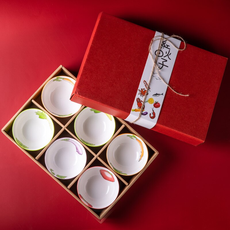 Japanese Ceramic Tableware Set Box Rice Soup Noodle Salad Bowl Seasoning Small Bowl Hand-painted Underglaze Candy Bowl: Vegetables-6 pcs