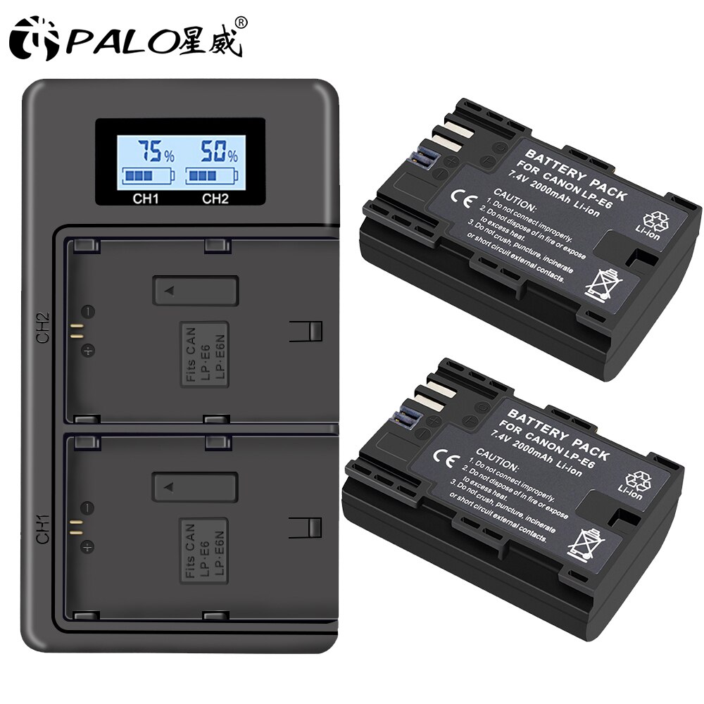 Palo LP-E6 LPE6 LPE6N Camera Batterij Li-Ion Oplaadbare Batterij Voor Canon Eos 6D 7D 5D Mark Ii Iii Iv 60D 60Da 70D 80D 5DSR: 2 battery 1 charger