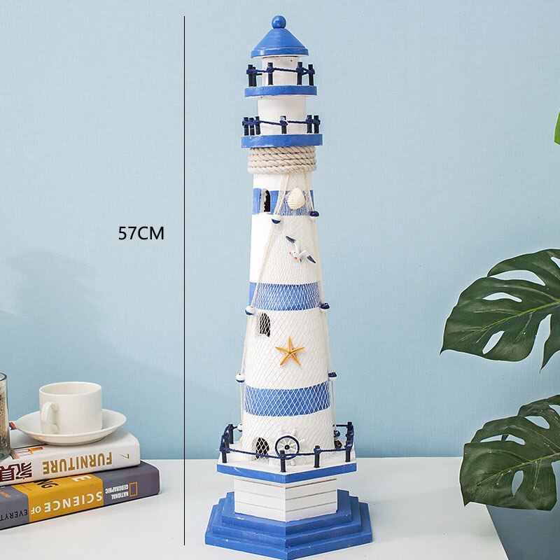 Stripe Lighthouse Simulation Model Mediterranean Wooden Handicraft Home Decorations Creativity Marine Style Decor Arts and Craft: 57CM