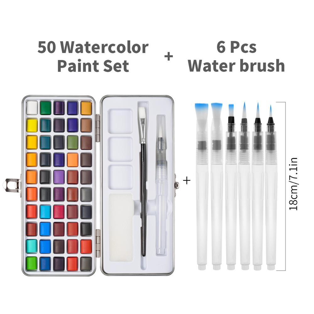 50/90 Colors Solid Watercolor Paint Set Contains Brushes in a Portable Metal Box for Beginner Drawing Painting Art Supplies: 50  with 6 Brushes