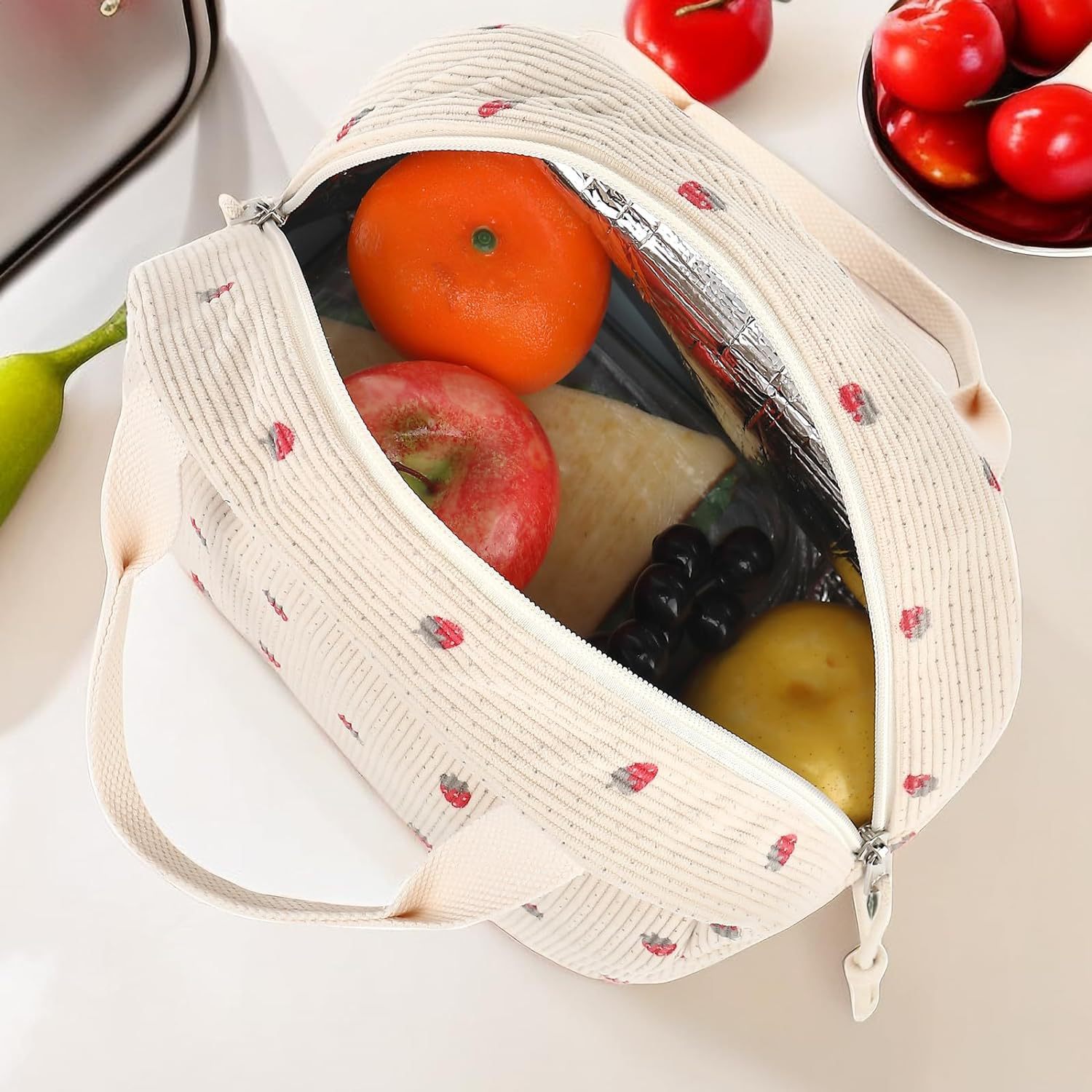 Cute Corduroy Lunch Bag for Women Reusable Insulated Lunch Box Large Capacity Reusable Insulated Cooler for Work Picnic Travel